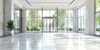 © Maria - Minimalistic and elegant office lobby with reflective marble walls, modern furniture, and abundant natural light.