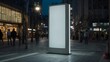 A stark white advertising stand, vertical in shape, on a city sidewalk under the evening sky Generative AI