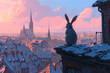 a rabbit on top of a tall building in the city
