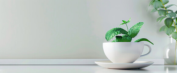 Wall Mural - Front view of a white tea cup with a mint plant in it sits on a white plate, clean background