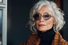 Close-up Portrait Of Elderly Gray-haired Woman In Stylish Attire. Fashionable Senior Lady Wearing Black Turtleneck, Checked Blazer, Glasses In Golden Setting. Glamor And Wealth.