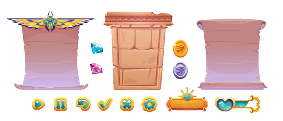 Poster - Egyptian game ui frame and button collection. Cartoon vector illustration set of ancient Egypt elements for gui design - part of stone wall and papyrus as text box, interface clicker and progress bar.