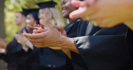 Sticker - University, applause and hands of students at graduation at ceremony in park at outdoor campus event. Friends, achievement and people at college celebration for education, success and congratulations