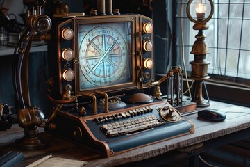 Poster - A desk featuring a black keyboard and a classic clock placed on it, A steampunk interpretation of a vintage computer, AI Generated