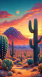 a desert scene at sunset with a red sky, cacti in the foreground