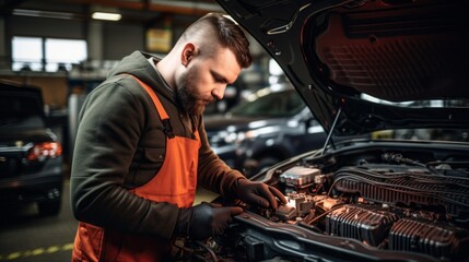 Aufkleber - A professional electrical mechanic, A man in uniform, checking, repairing a car, a hood in an auto repair shop. Business, Auto repair, Car service workshop, preventive maintenance concepts.