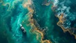 Aerial View of Ship in Polluted Ocean Waters. Ship sails through swirling ocean waters tainted by pollution, highlighting environmental impact.