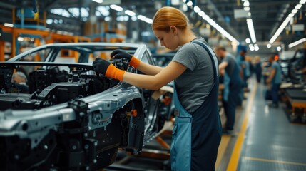 A man is seen works on a motor vehicle in a factory, focusing on the automotive tire, engine hood, and other auto parts. AIG41