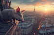 a pig on top of a tall building in the city