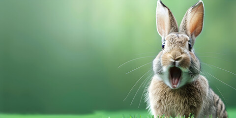 A little funny dwarf rabbit with a playful tongue with light background