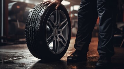 Wall Mural - Cropped photo of a male mechanic holding a black car tire in an auto repair shop. Replacement of summer and winter tires, Business, Car service workshop, preventive maintenance concept.