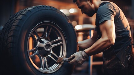 Aufkleber - An experienced Professional Mechanic is a man cleaning a dirty car tire in an auto repair shop. Replacement of summer and winter tires, Business, Car service workshop, preventive maintenance concept.