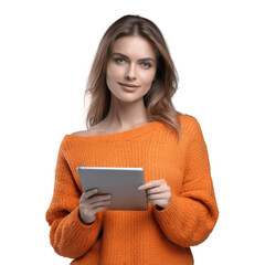 Wall Mural - woman in orange sweater holding a tablet computer isolated on transparent background