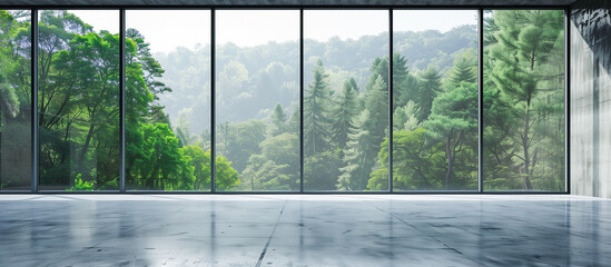  empty modern living room of glass window with concrete floor and forest view concept background
