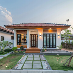 Wall Mural - Tiny one floor timber frame house with single front doors and terrace with india thailand design