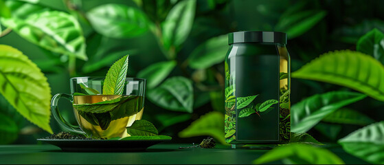 Wall Mural - A green plant is surrounded by a mock up glass jar and a cup of tea