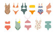 © irina - Colorful female beachwear, swimwear, lingerie assortment. One-piece, two-piece swimming suit, bathing costume fashion flat icons set. Maillot, bandeau, bikini. Vector swimsuit isolated on white.