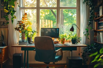Poster - Home workspace in a cozy apartment. Wooden table with desktop computer, office chair, table lamp, a lot of indoor plants, large window. Remote job, online education concept.