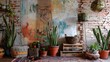 Reclaimed Wood Crates, and Sculptural Floor Lamp Illuminating a Vibrant Mural-Painted Wall