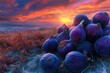 A Painting of a Colorful Sunset Over a Lush Field of Ripe Fruit, A surrealistic interpretation of ripe figs fused with a vibrant sunset, AI Generated
