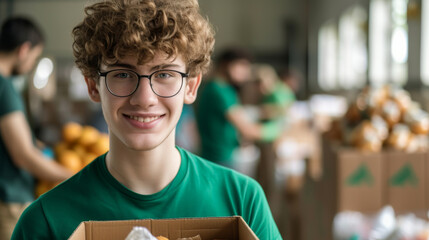 Wall Mural - A young person in a green shirt and eyeglasses is smiling at the camera while holding a box filled with various food items, suggesting a food donation or charity event