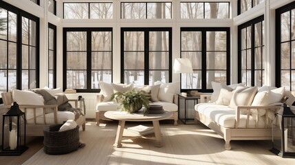 Wall Mural - Sunroom in whitewashed woods and creamy whites plus black accents.