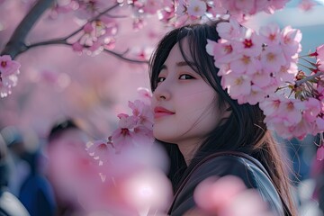 Sticker - a woman standing under a tree filled with pink flowers