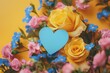父の日をイメージした黄色いバラと青い花の花束（ブーケ・ピンクのハート・華やか）
