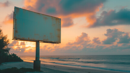 Blank advertising billboard at a tropical beach.