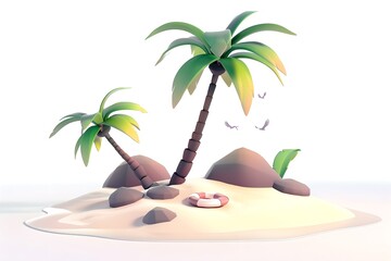 3D illustration of an island with palm trees isolated on white. Design for banner, poster. Summer vacation and travel concept. Simple cartoon style