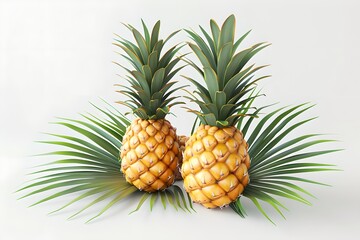  Two pineapples on a white background. Design for banner, poster. Tropical food and healthy lifestyle concept. 3D illustration