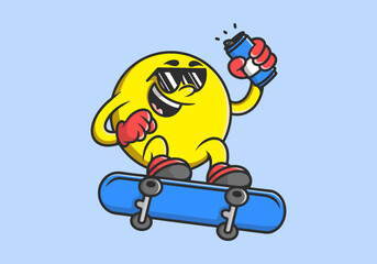 Wall Mural - Character of yellow ball head jumping on the skateboard. Holding a beer can
