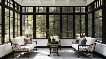 Wall Mural - Sunroom with black metal framed windows and charcoal slate floors.