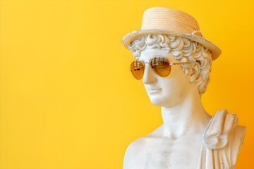 Classical bust with sunglasses and straw hat on yellow background. Creative summer vacation concept. Design for greeting card, invitation with copy space. Ancient greek sculpture