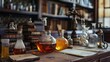 © stasylionet - Various chemical flasks with colorful solutions on a laboratory table, showcasing a busy research environment