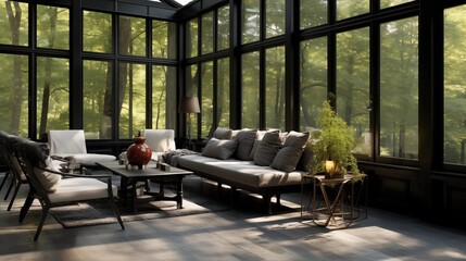 Wall Mural - Sunroom with black steel windows and black matte polished floors.