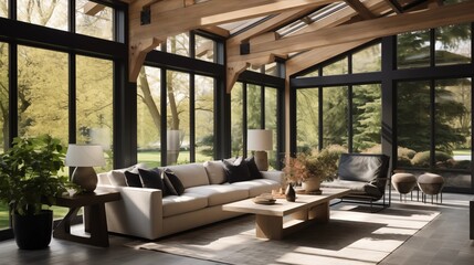 Wall Mural - Sunroom with blonde oak ceilings and matte black stained wood beams.