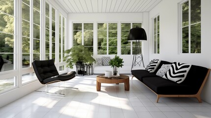 Wall Mural - Sunroom with bright white walls and polished black concrete floors.