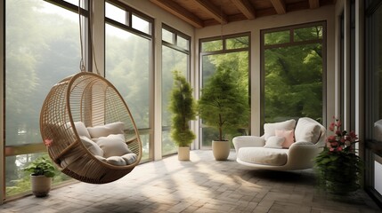 Wall Mural - Sunroom with cozy hanging basket chair suspended from ceiling.