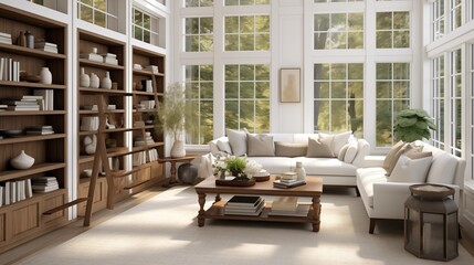 Wall Mural - Sunroom with creamy white built-ins and rich walnut wood accents.