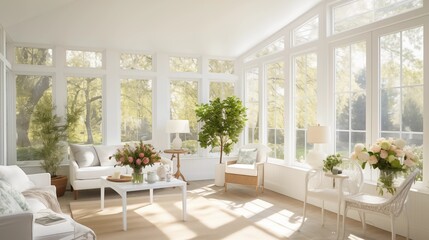 Wall Mural - Sunroom with crisp white walls reflecting plenty of natural light.