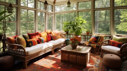 Wall Mural - Sunroom with eclectic global textiles and handcrafted accessories.