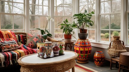 Wall Mural - Sunroom with eclectic global textiles and handcrafted accessories.