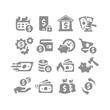 Money and finance vector icon set. Coin stack, piggy bank, transaction and inflation icons.