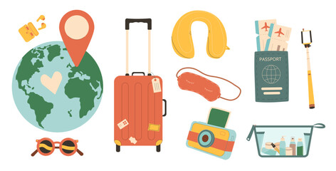 Travel set. Planet Earth with destination sign and passport ticket suitcase. Tourism accessories collection. Trip elements isolated on white background. Vector flat illustration