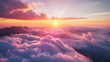 An aerial view of a spectacular sunset over the mountains, with spectacular clouds