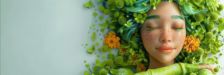 Wall Mural - 3D illustration of Cute Girl with Green Hair Hugging or Embracing Earth with Copysace, Earth Day, World Environment Day, Save World, Natural Conservation