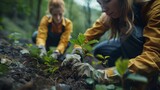 Fototapeta  - Volunteers plant trees together in a nature campaign