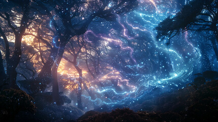 Wall Mural - dreamlike lightning strikes in magical forest, to provide a visually striking and imaginative depict