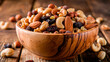 nuts and dried fruits in a bowl. Selective focus.